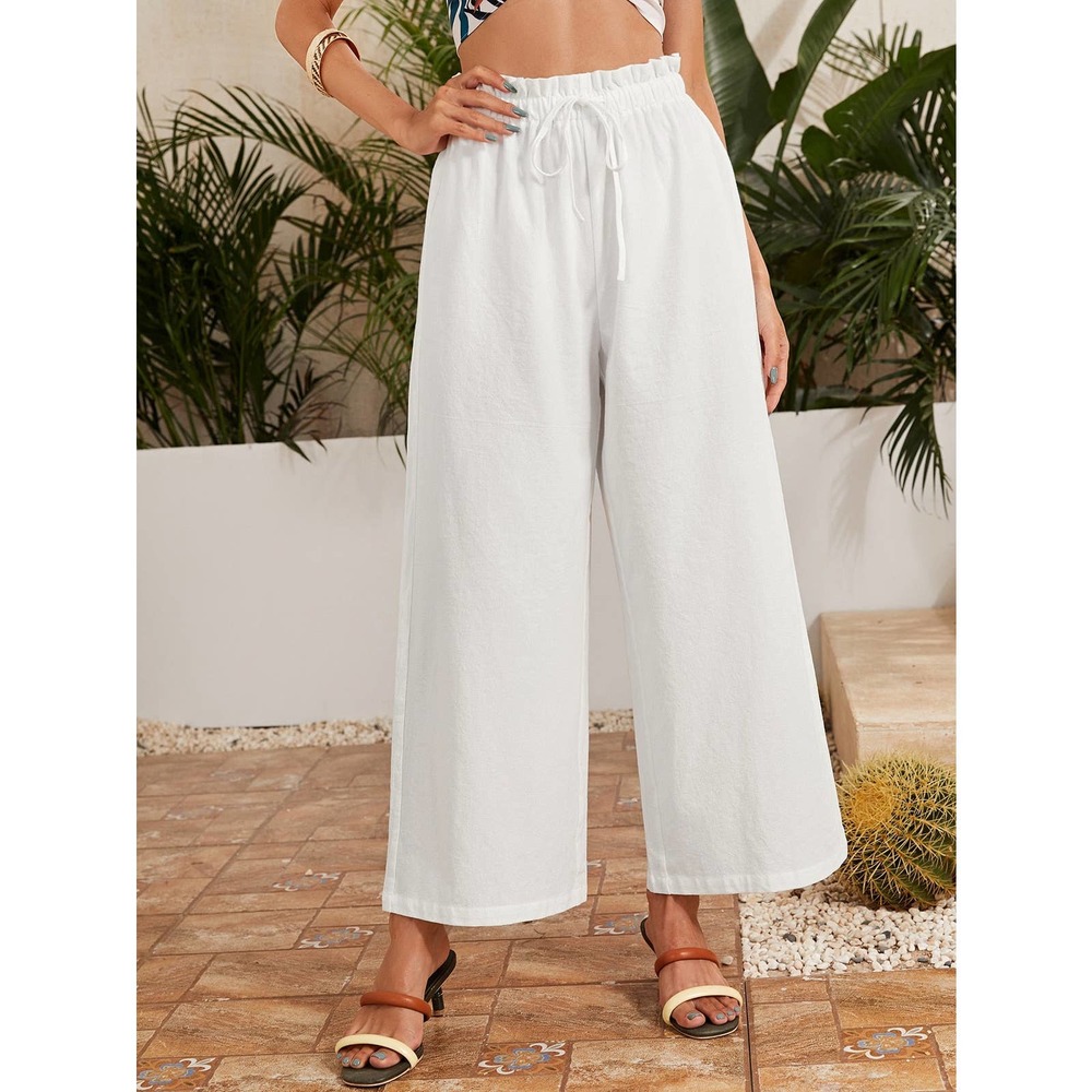 High waisted Frilled Waist Solid Wide Leg Pants green - Picture 2 of 13